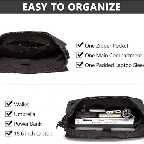 Kasqo Messenger Mens Vintage Waxed Canvas Water-Resistant Laptop Briefcase Bag - Picture 3 of 7